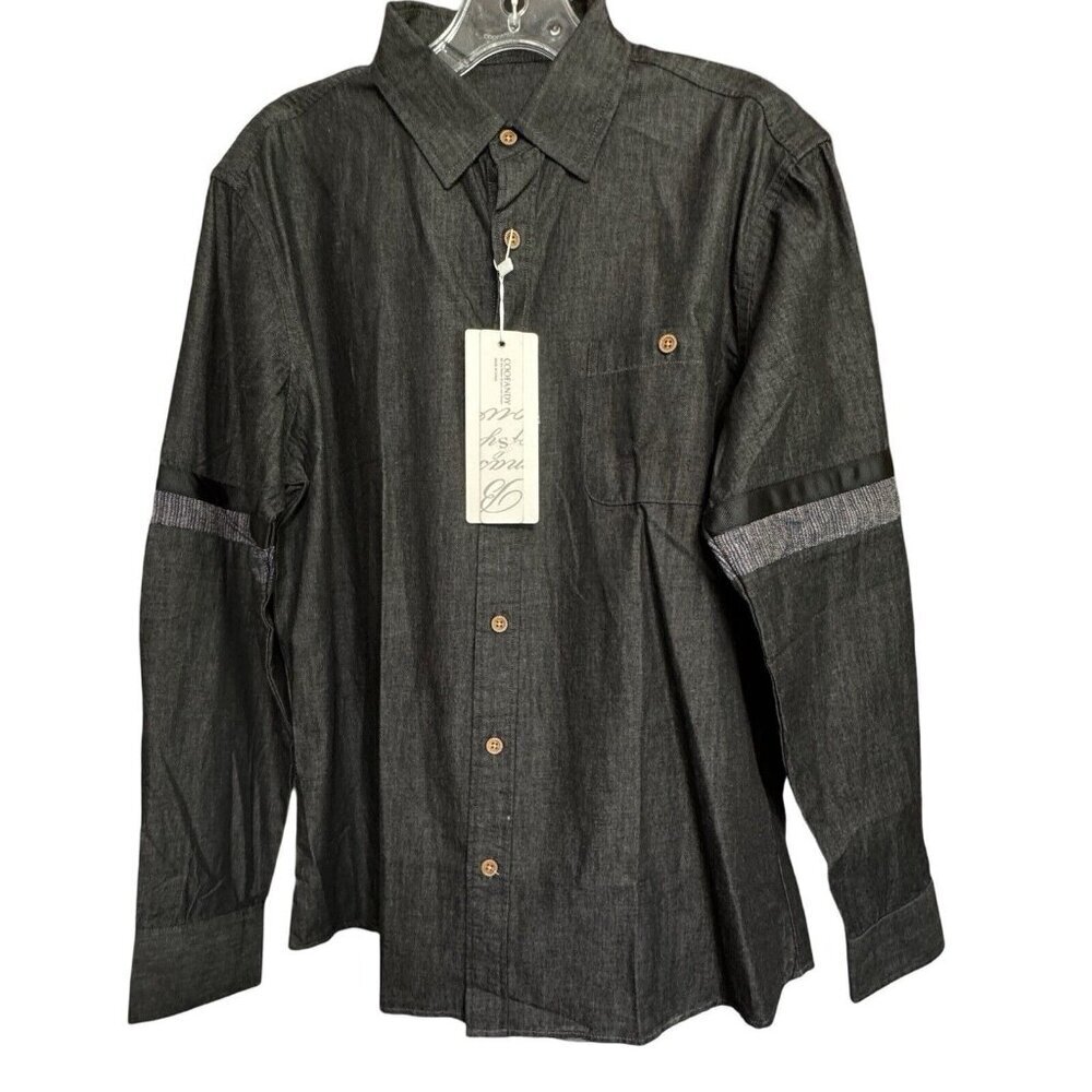 COOFANDY Men's Black Chambray Button Up Shirt Small Deco Arm Trim Casual NEW - Picture 2 of 16